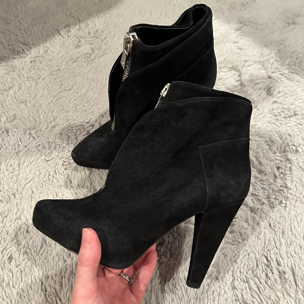 PROENZA SCHOULER Black Suede Zip-Front Hidden Platform Ankle Boots Heels Size 6